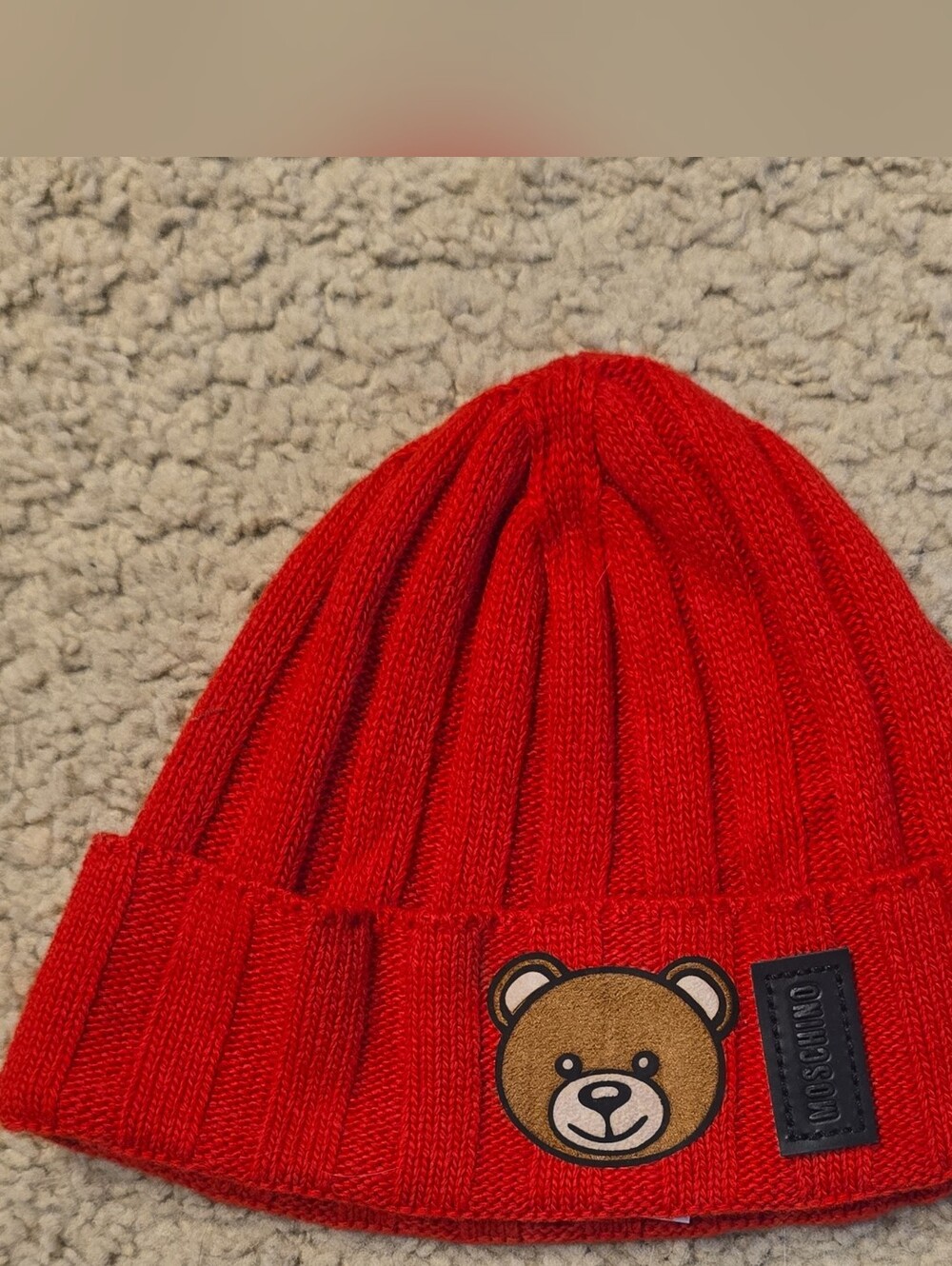 Moschino Red Ribbed Bear Patch Beanie
